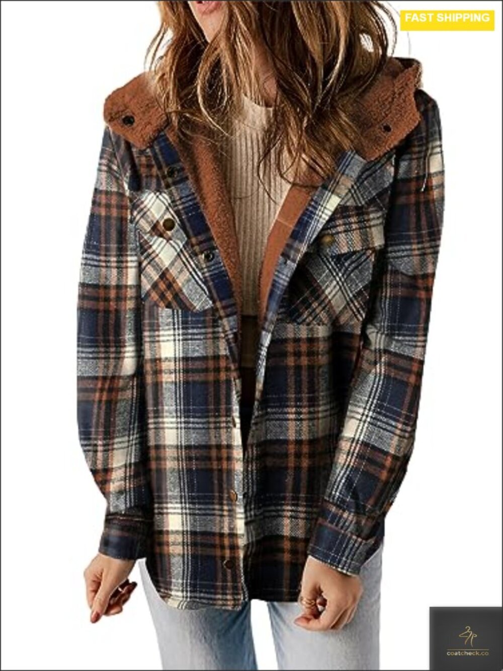 Plaid Shacket Jacket Fleece Lined Hooded Button Down Long Sleeve Winter Coat